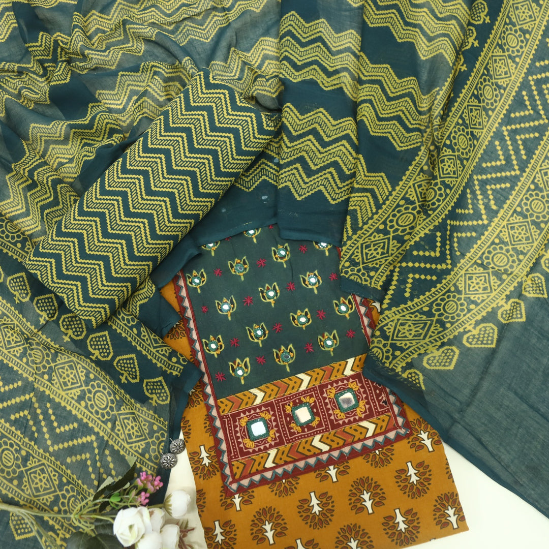 Ruhani Fire Yellow Mirror Work Printed Ajrak Cotton Suit Set