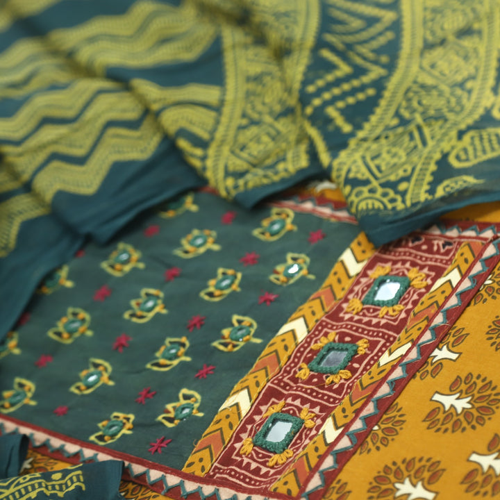 Ruhani Fire Yellow Mirror Work Printed Ajrak Cotton Suit Set