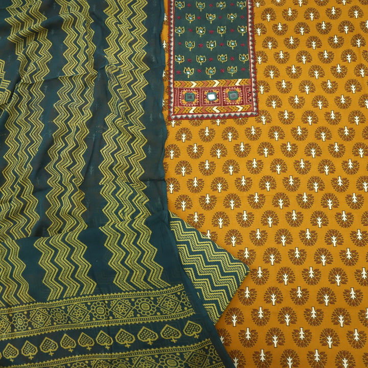 Ruhani Fire Yellow Mirror Work Printed Ajrak Cotton Suit Set