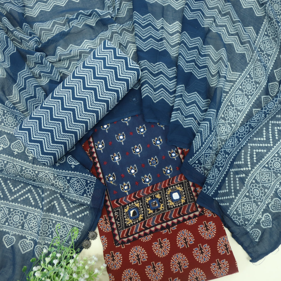 Ruhani Jam Red Mirror Work Printed Ajrak Cotton Suit Set