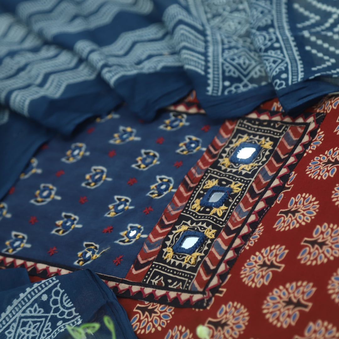 Ruhani Jam Red Mirror Work Printed Ajrak Cotton Suit Set
