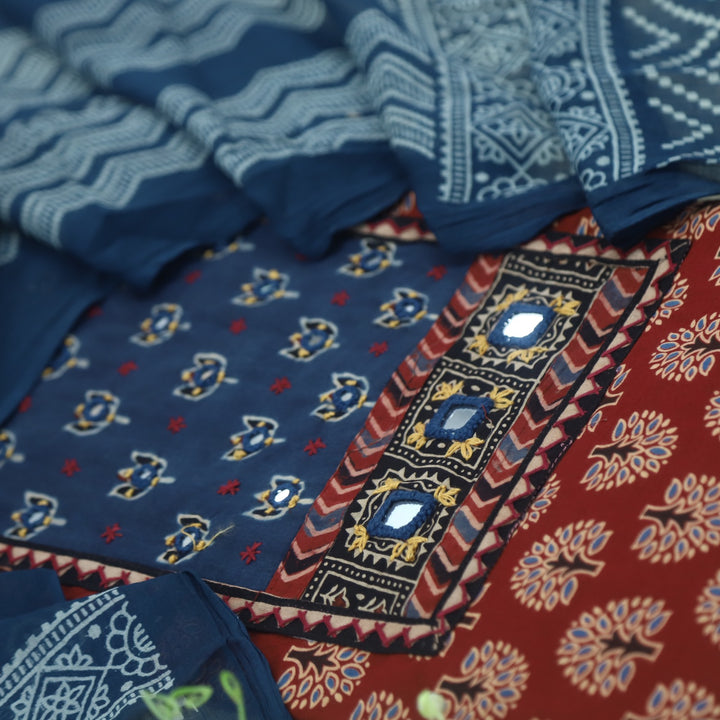 Ruhani Jam Red Mirror Work Printed Ajrak Cotton Suit Set