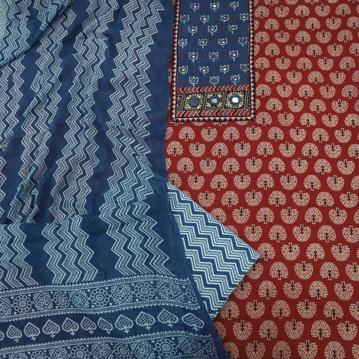 Ruhani Jam Red Mirror Work Printed Ajrak Cotton Suit Set
