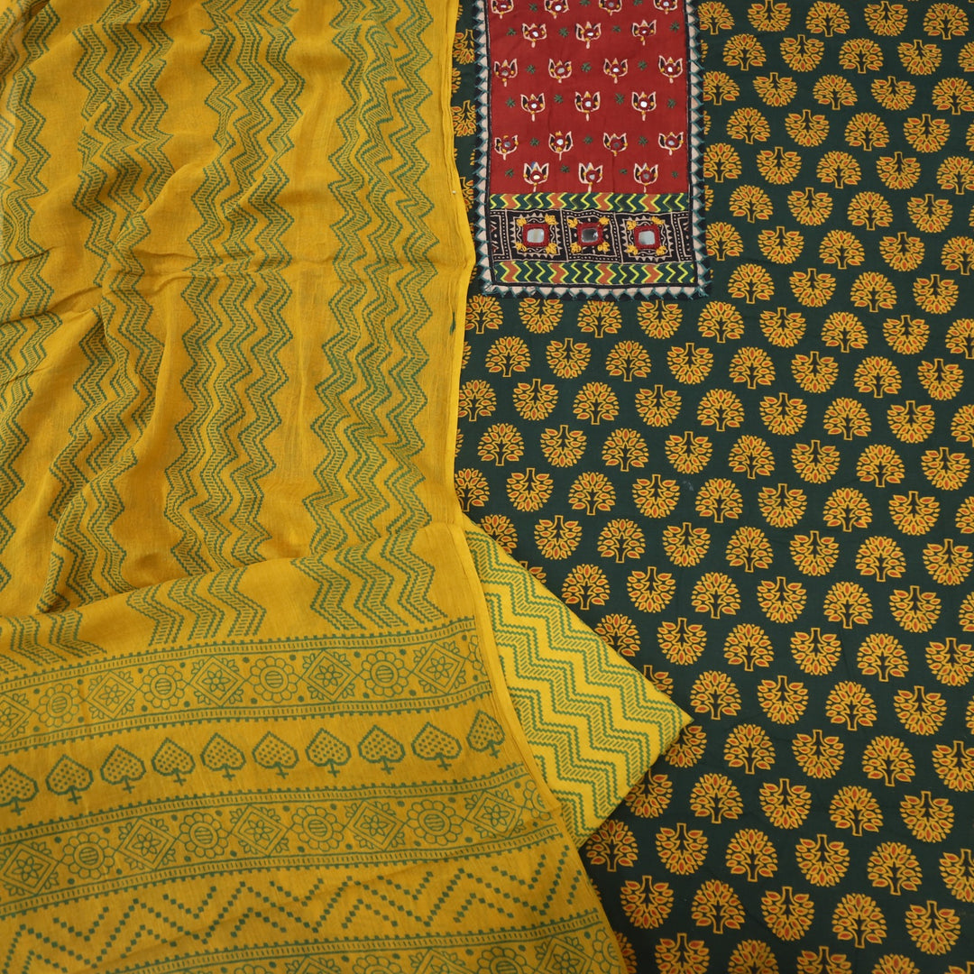 Ruhani Lindworm Green Mirror Work Printed Ajrak Cotton Suit Set