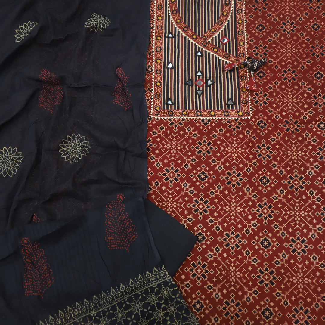 Khairiyat Apple Red Angrakha Style Kutch Mirror Work Cotton Suit Set
