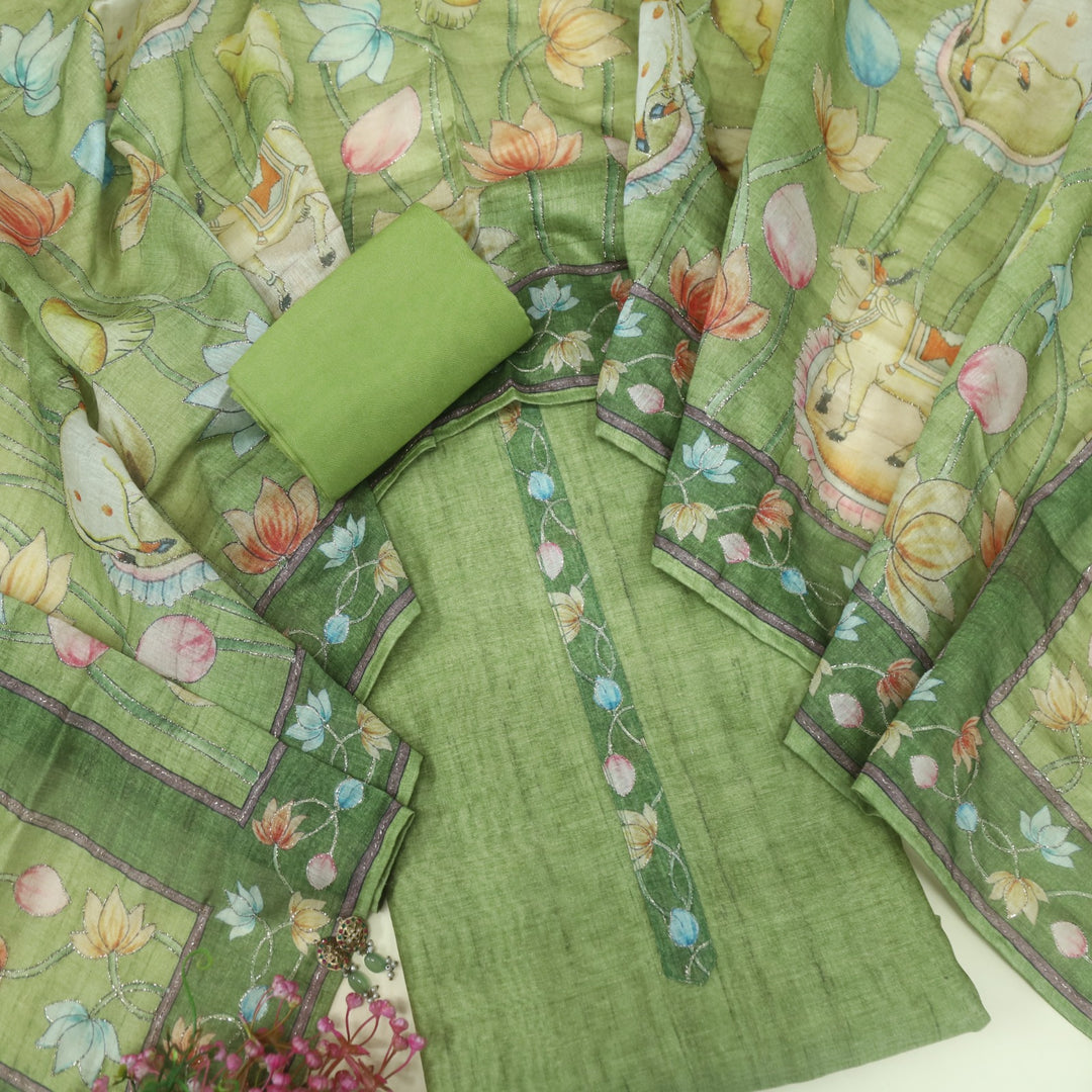 Kohinoor Grass Green Chanderi Top with Chanderi Dupatta
