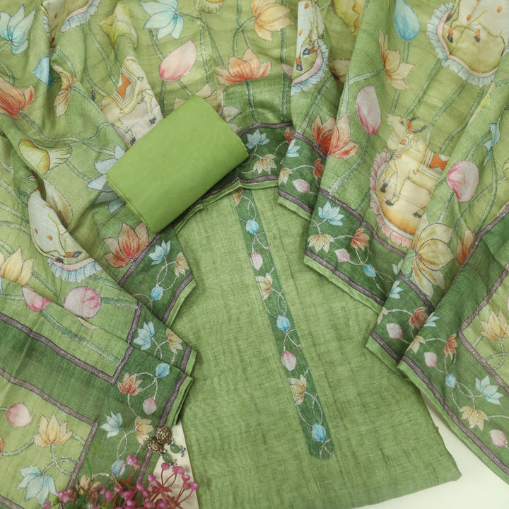 Kohinoor Grass Green Chanderi Top with Chanderi Dupatta
