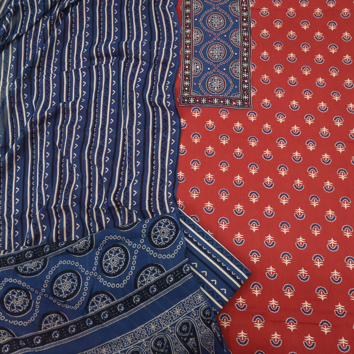 Samaya Blood Red Mirror with Patra Work Ajrak Printed Cotton Suit Set