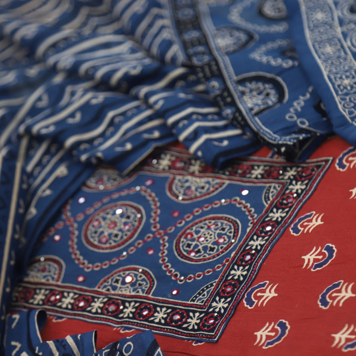 Samaya Blood Red Mirror with Patra Work Ajrak Printed Cotton Suit Set