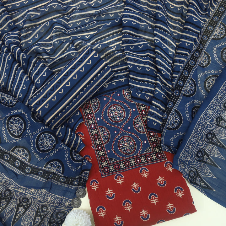 Samaya Blood Red Mirror with Patra Work Ajrak Printed Cotton Suit Set