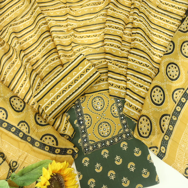 Samaya Basil Green Mirror with Patra Work Ajrak Printed Cotton Suit Set