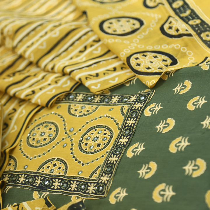 Samaya Basil Green Mirror with Patra Work Ajrak Printed Cotton Suit Set