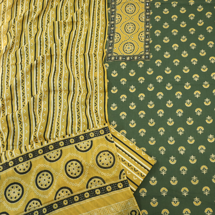 Samaya Basil Green Mirror with Patra Work Ajrak Printed Cotton Suit Set