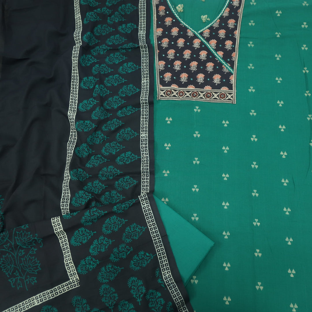 Ruyas British Green Angrkha Style Ajrak Printed Cotton Suit Set