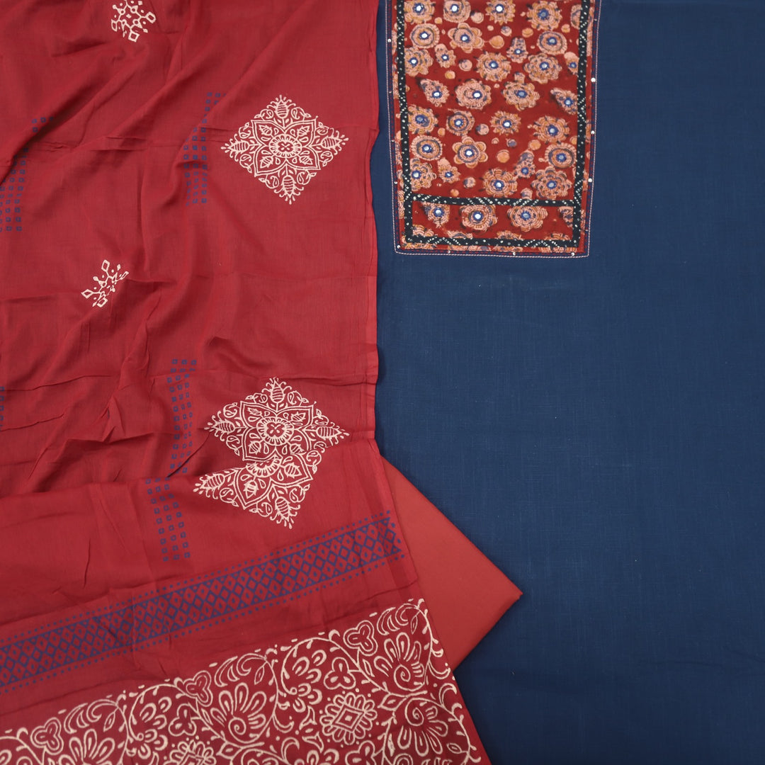 Ruyas Space Blue Mirror Work Ajrak Printed Cotton Suit Set