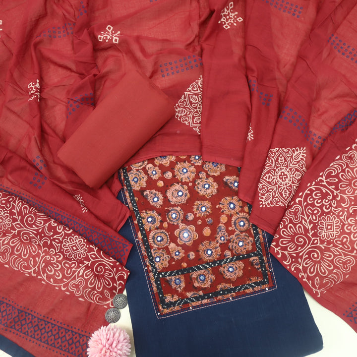 Ruyas Space Blue Mirror Work Ajrak Printed Cotton Suit Set