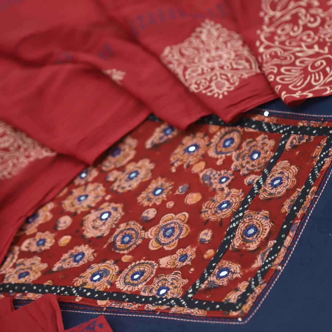 Ruyas Space Blue Mirror Work Ajrak Printed Cotton Suit Set