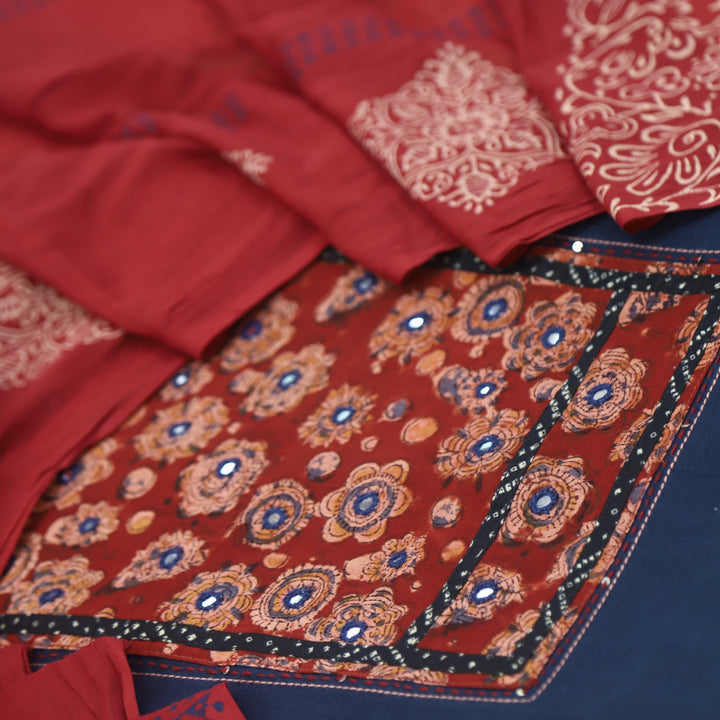 Ruyas Space Blue Mirror Work Ajrak Printed Cotton Suit Set