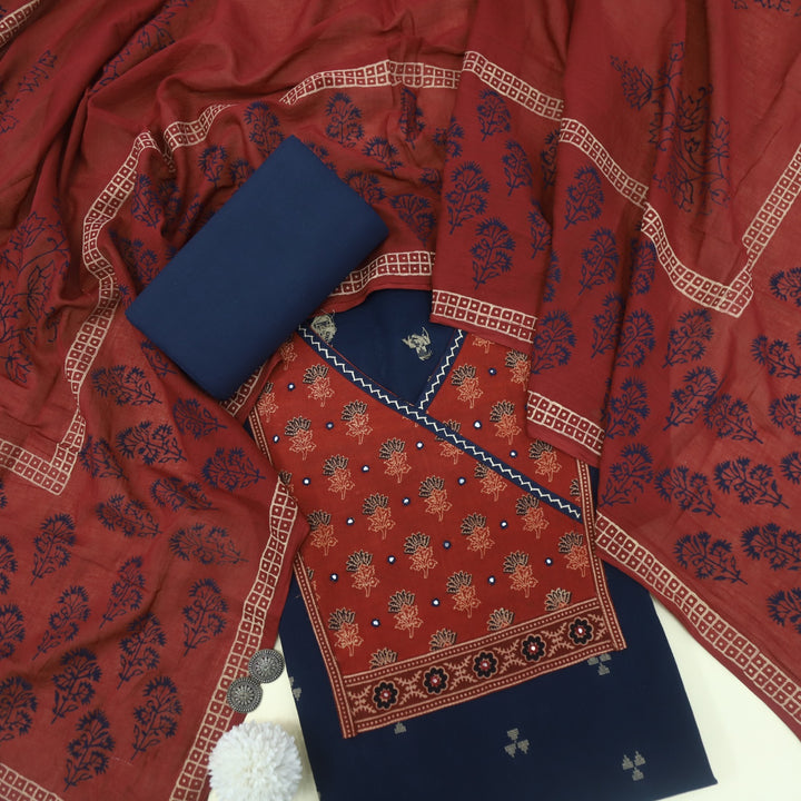 Ruyas Denim Blue Angrkha Style Ajrak Printed Cotton Suit Set