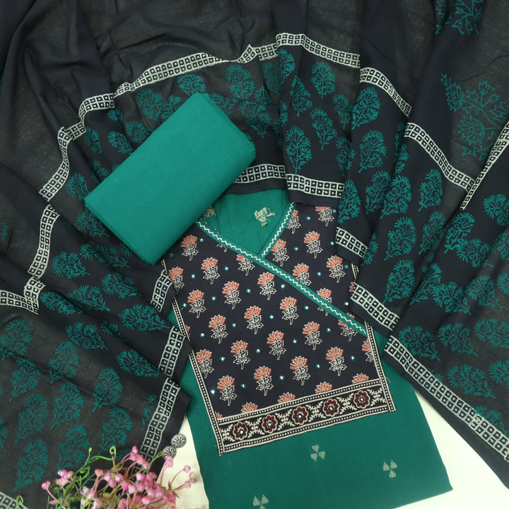 Ruyas British Green Angrkha Style Ajrak Printed Cotton Suit Set