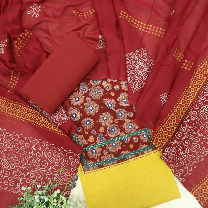Ruyas Bumblebee Yellow  Mirror Work Ajrak Printed Cotton Suit Set