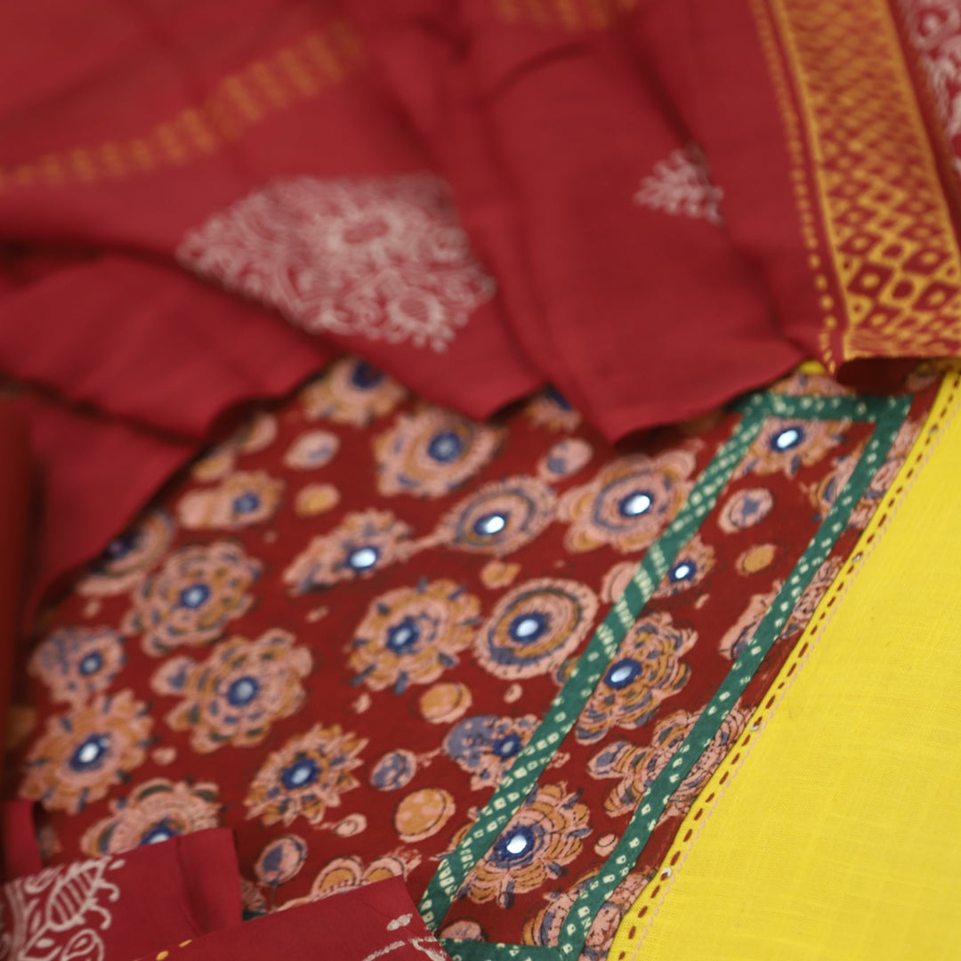Ruyas Bumblebee Yellow  Mirror Work Ajrak Printed Cotton Suit Set