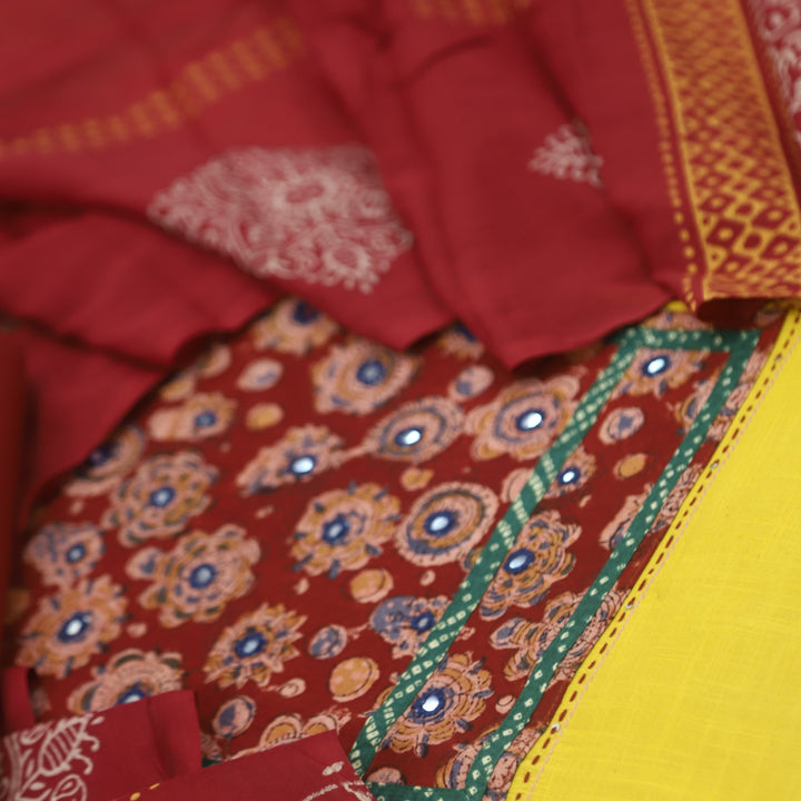 Ruyas Bumblebee Yellow  Mirror Work Ajrak Printed Cotton Suit Set