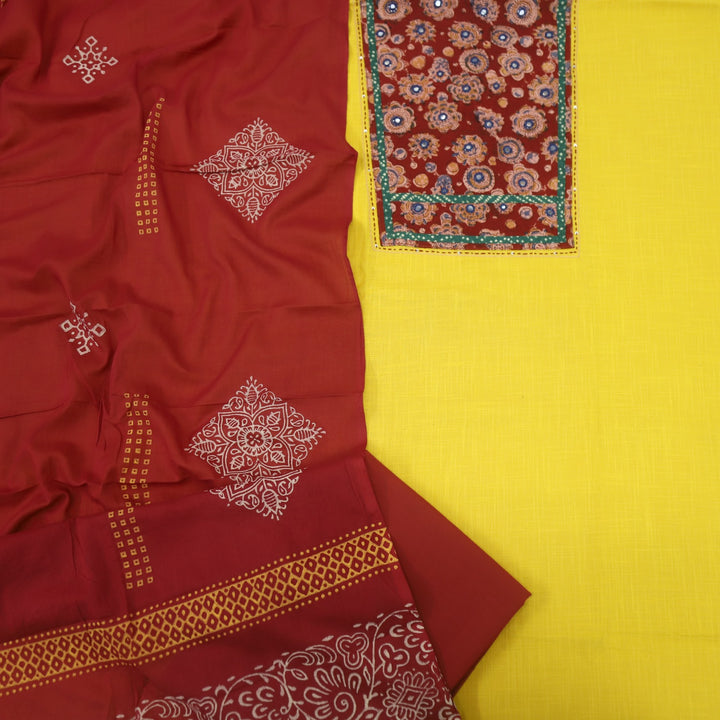 Ruyas Bumblebee Yellow  Mirror Work Ajrak Printed Cotton Suit Set