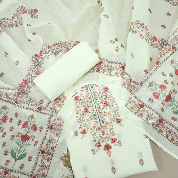 Raabta Parchment Yellow Floral Printed Neck Zari Work Cotton Linen Suit Set