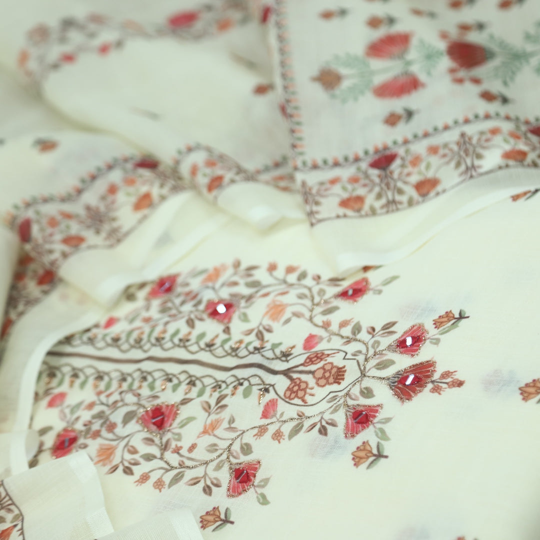 Raabta Parchment Yellow Floral Printed Neck Zari Work Cotton Linen Suit Set