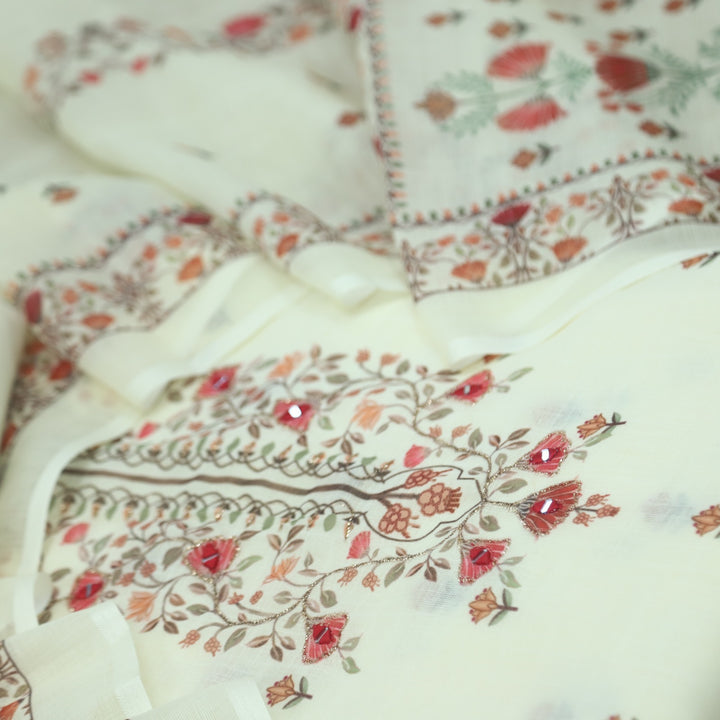 Raabta Parchment Yellow Floral Printed Neck Zari Work Cotton Linen Suit Set