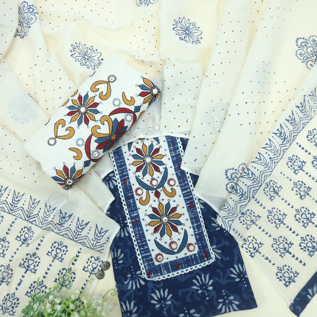 Nazara Indigo Blue Kutch Work Dabu Printed Cotton Suit Set-D3