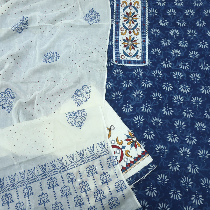 Nazara Indigo Blue Kutch Work Dabu Printed Cotton Suit Set-D3