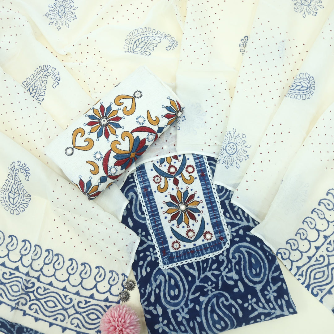 Nazara Indigo Blue Kutch Work Dabu Printed Cotton Suit Set D2