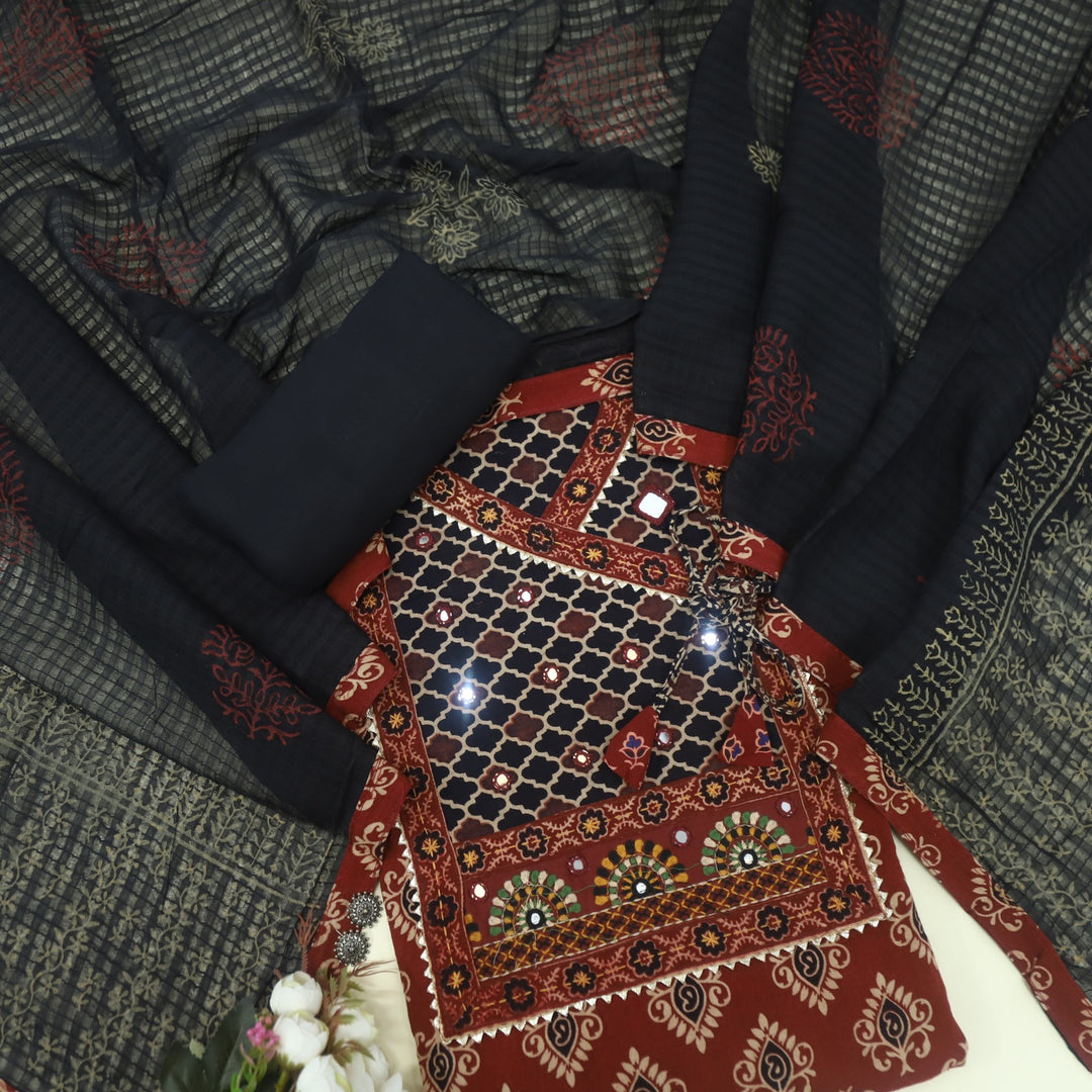 Khairiyat Ruby Red Kutch Work Angrakha Style Cotton Suit Set