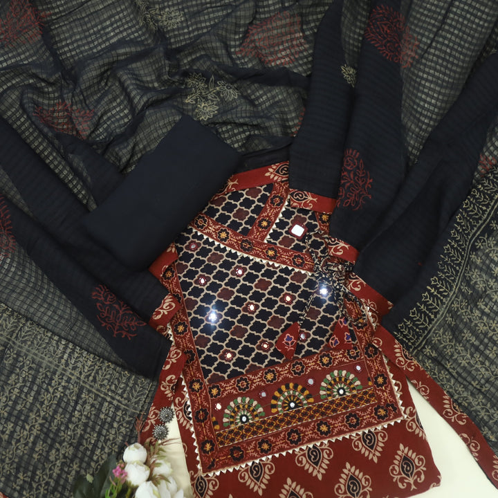 Khairiyat Ruby Red Kutch Work Angrakha Style Cotton Suit Set