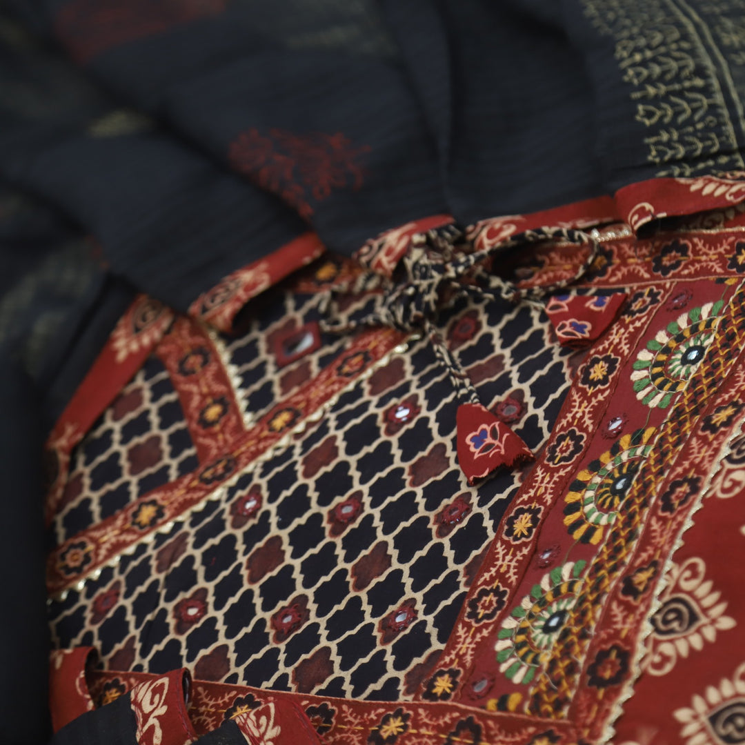 Khairiyat Ruby Red Kutch Work Angrakha Style Cotton Suit Set