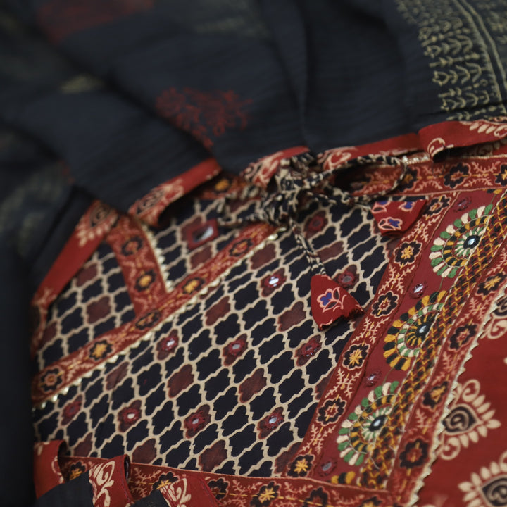 Khairiyat Ruby Red Kutch Work Angrakha Style Cotton Suit Set