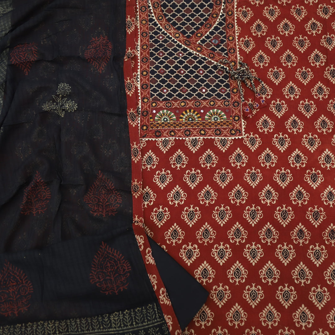 Khairiyat Ruby Red Kutch Work Angrakha Style Cotton Suit Set
