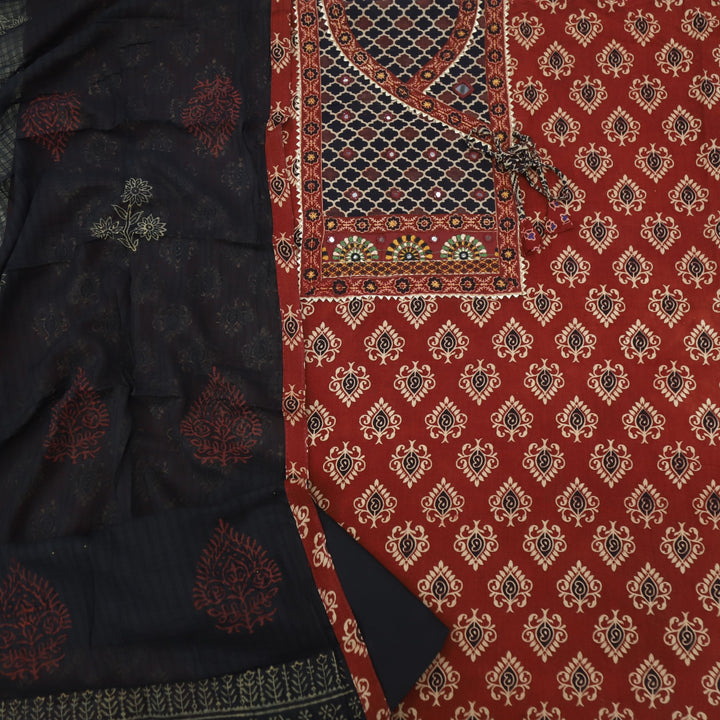 Khairiyat Ruby Red Kutch Work Angrakha Style Cotton Suit Set