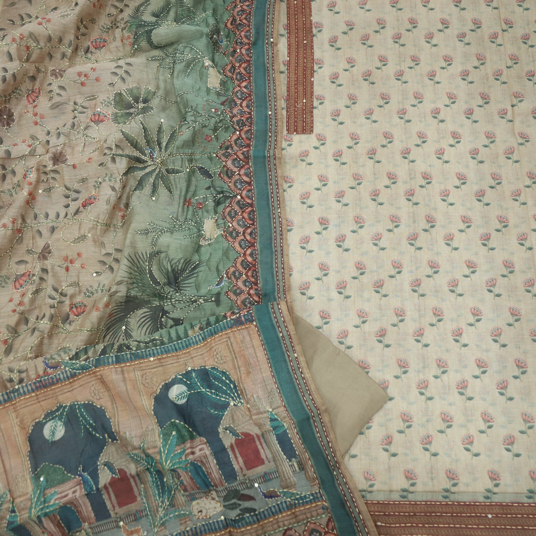 Kohinoor Dark Khaki Floral Pichwai Print Chanderi Suit Set
