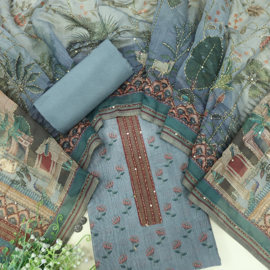 Kohinoor Ocean Blue Floral Pichwai Print Chanderi Suit Set