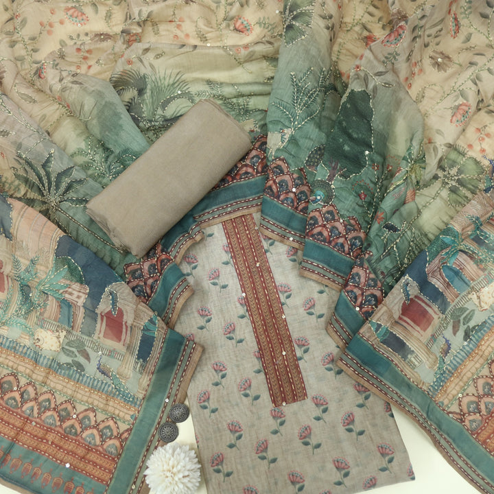 Kohinoor Dark Khaki Floral Pichwai Print Chanderi Suit Set
