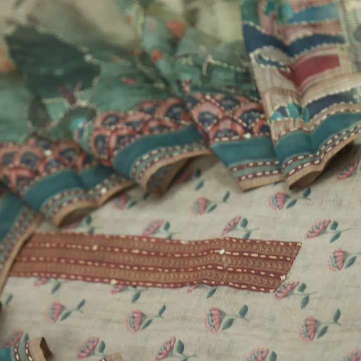 Kohinoor Dark Khaki Floral Pichwai Print Chanderi Suit Set
