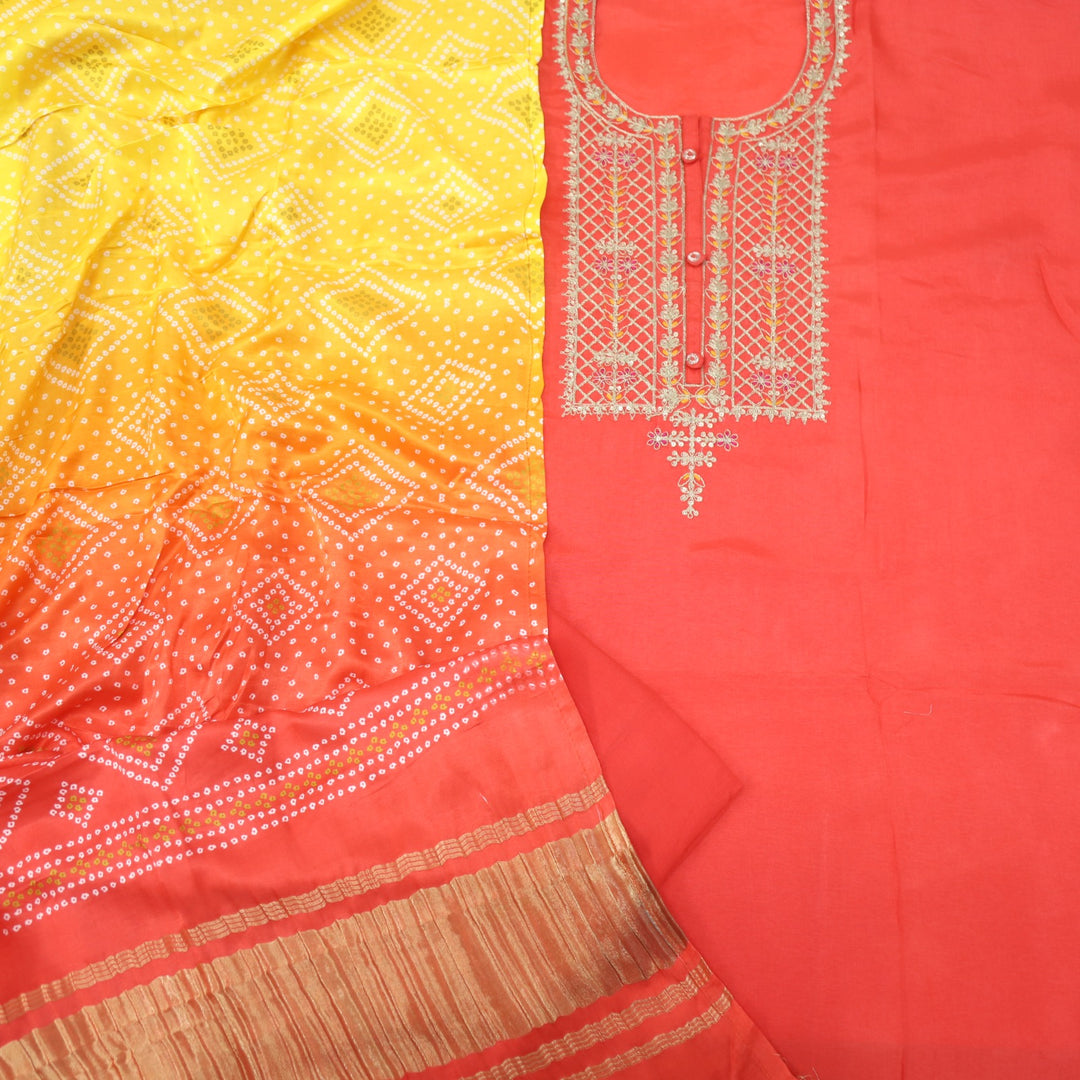 Aasha Coral Red Zari Embroidery Neck Work Dola Silk Suit Set