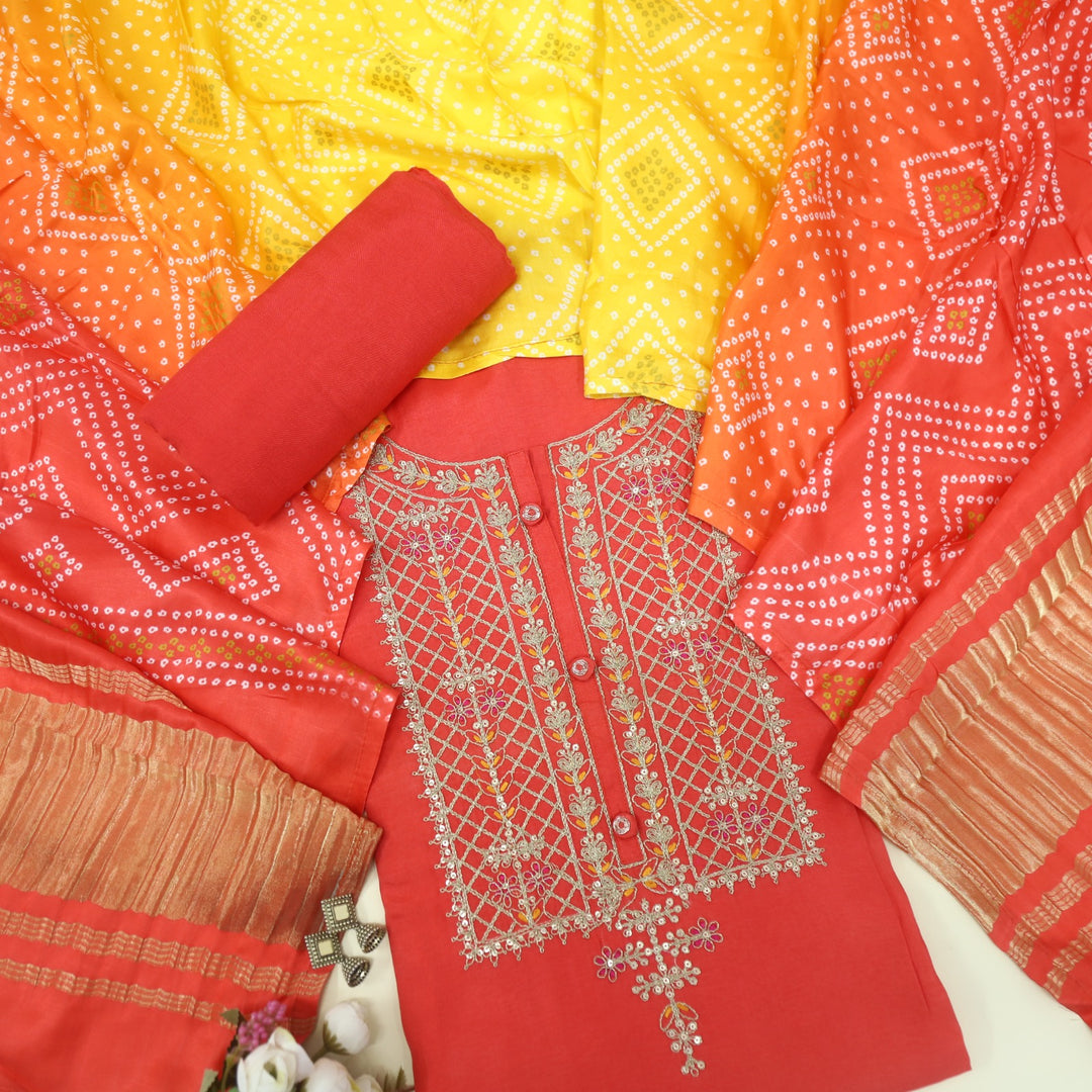 Aasha Coral Red Zari Embroidery Neck Work Dola Silk Suit Set