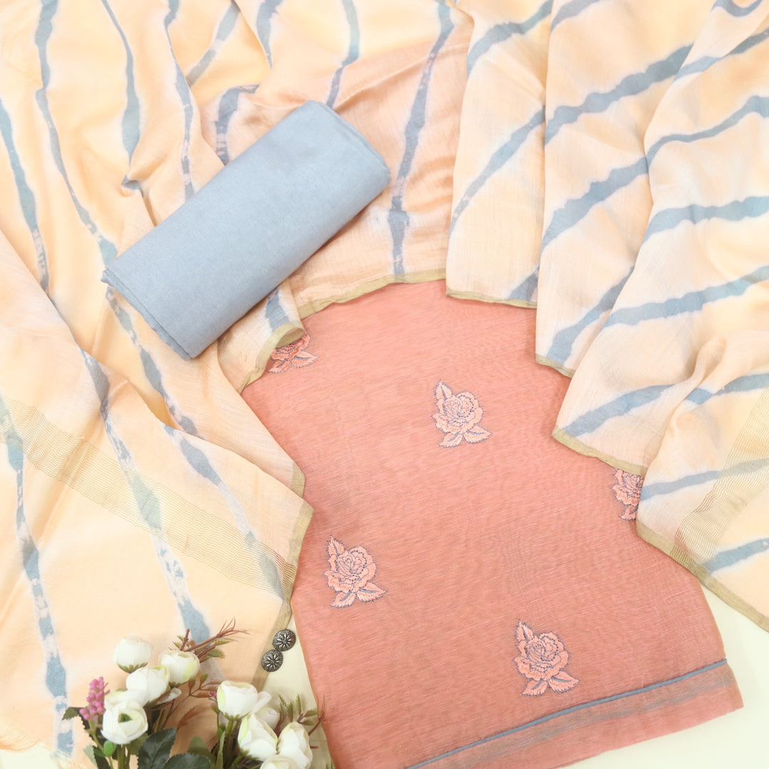 Sarang Baby Orange Thread Work Floral Embroidered Chanderi Suit Set