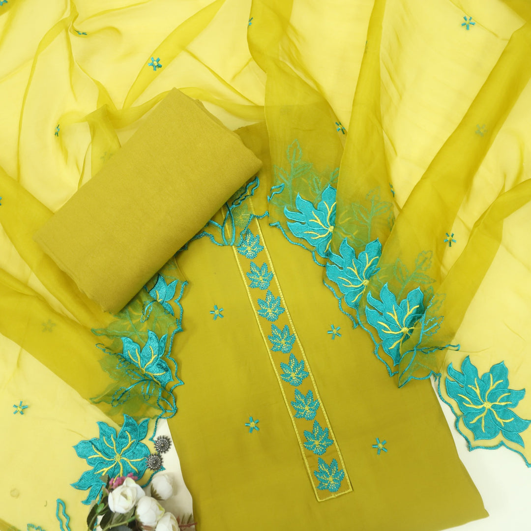 Ruhayi Dandelion Yellow Thread Embroidered Work Jam Cotton Suit Set
