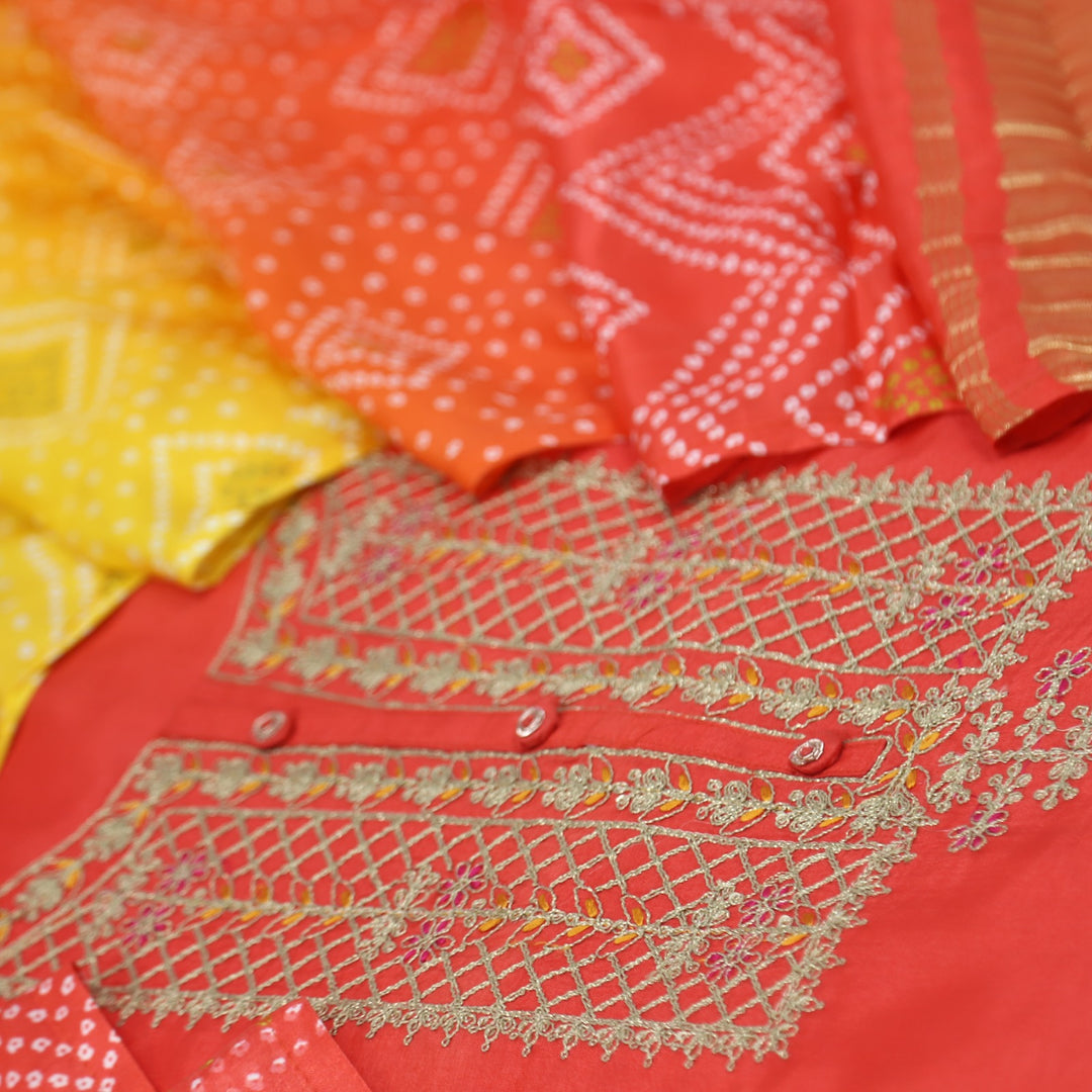 Aasha Coral Red Zari Embroidery Neck Work Dola Silk Suit Set