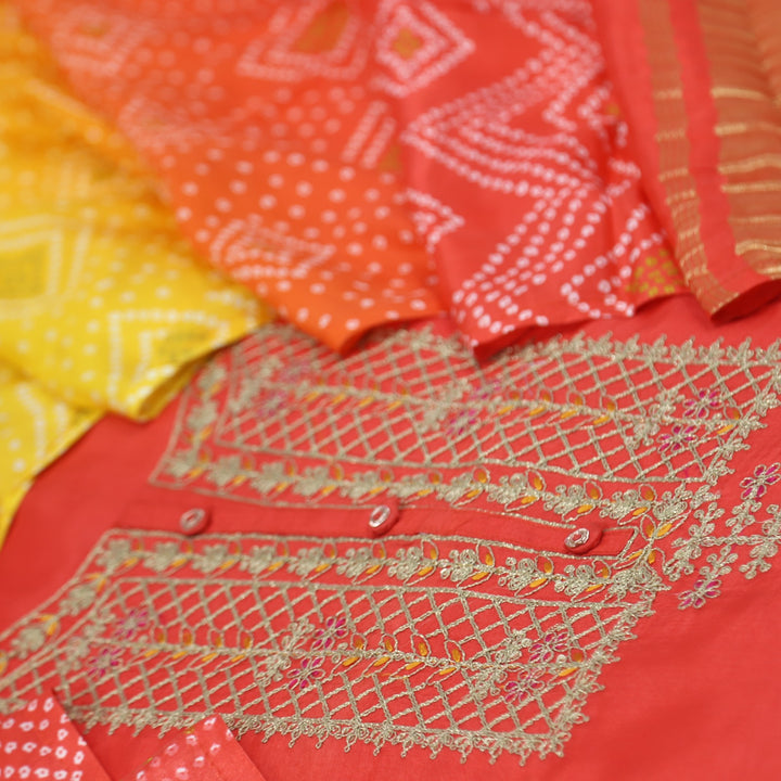 Aasha Coral Red Zari Embroidery Neck Work Dola Silk Suit Set
